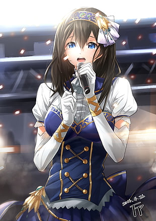 female anime character in blue and white dress
